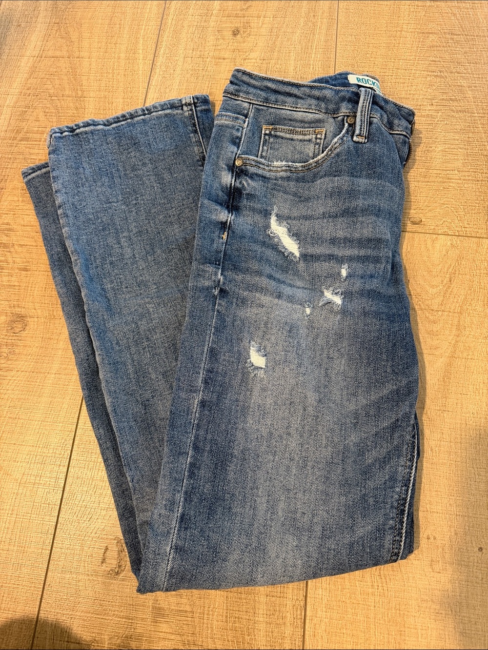 Straight Leg Distressed Women's Jeans in Medium Blue